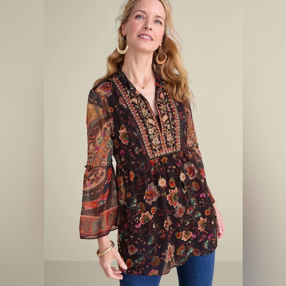 Soft Surroundings Icon Asteria Tunic Sheer Boho Chic Embellish Flowy Top Size PM